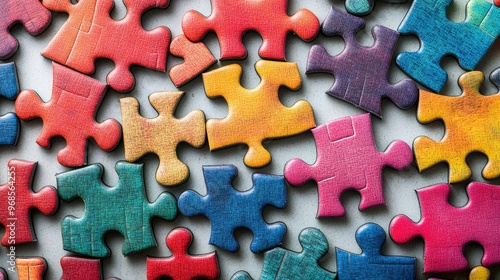 A colorful jumble of puzzle pieces in various shapes and sizes, spread out on a white surface, representing complexity and fun