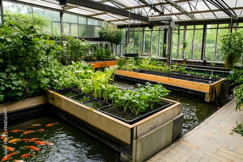 Aquaponic Farming System - An aquaponic system with fish tanks and plant beds in a greenhouse setting 