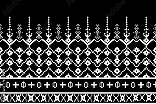 Elegant black and white seamless geometric pattern with floral and vintage design elements