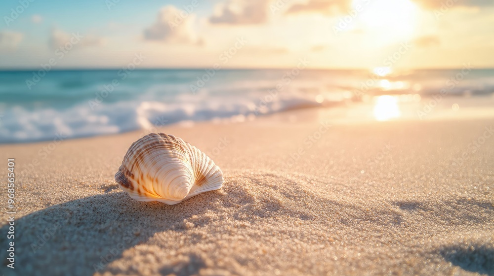 A lone seashell lying on a sandy beach with the ocean in the background, bathed in soft sunlight, representing tranquility A lone seashell lying on a sandy beach with the ocean in the background, bathed in soft sunlight, representing tranquility