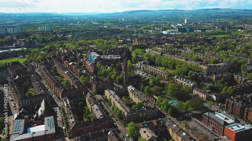 City Aerial - Glasgow West End Flyover, Tenement Flats, Streets and Buildings. Scotland. photo