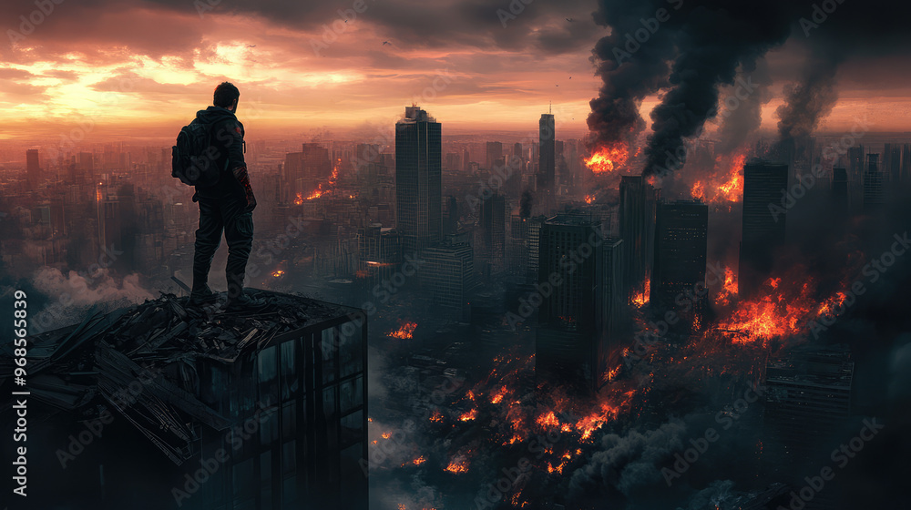 Fototapeta premium A man stands on a rooftop looking out over a city that is in flames