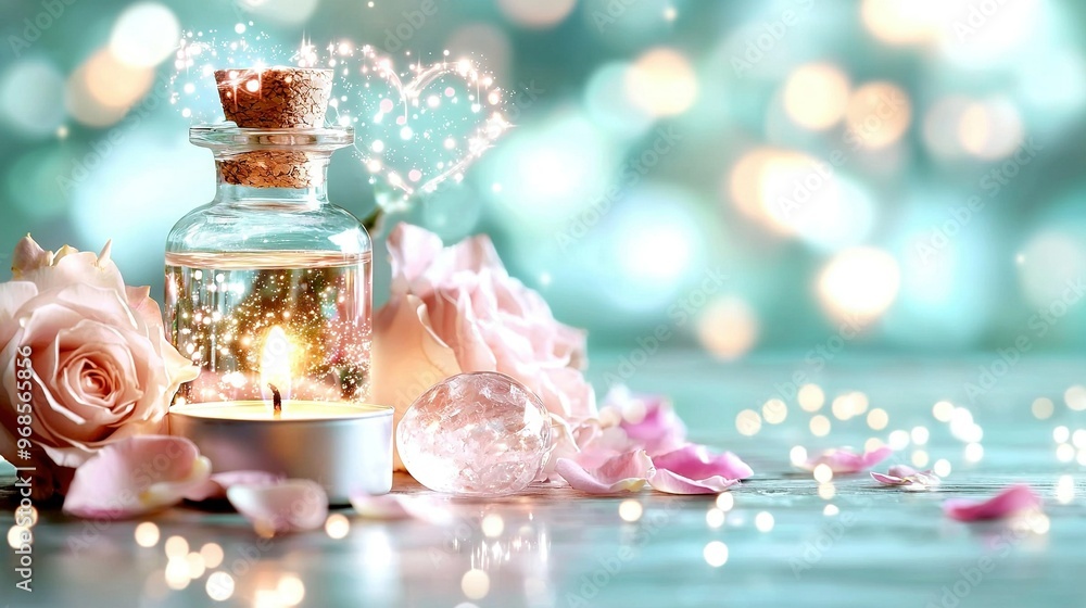 A glass jar containing a candle sits beside a pink rose in a candle holder A glass jar containing a candle sits beside a pink rose in a candle holder