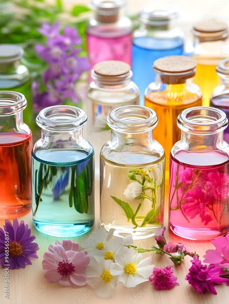 Essential Oils with Flowers in Colorful Bottles - Aromatherapy Essential Oils with Flowers in Colorful Bottles - Aromatherapy