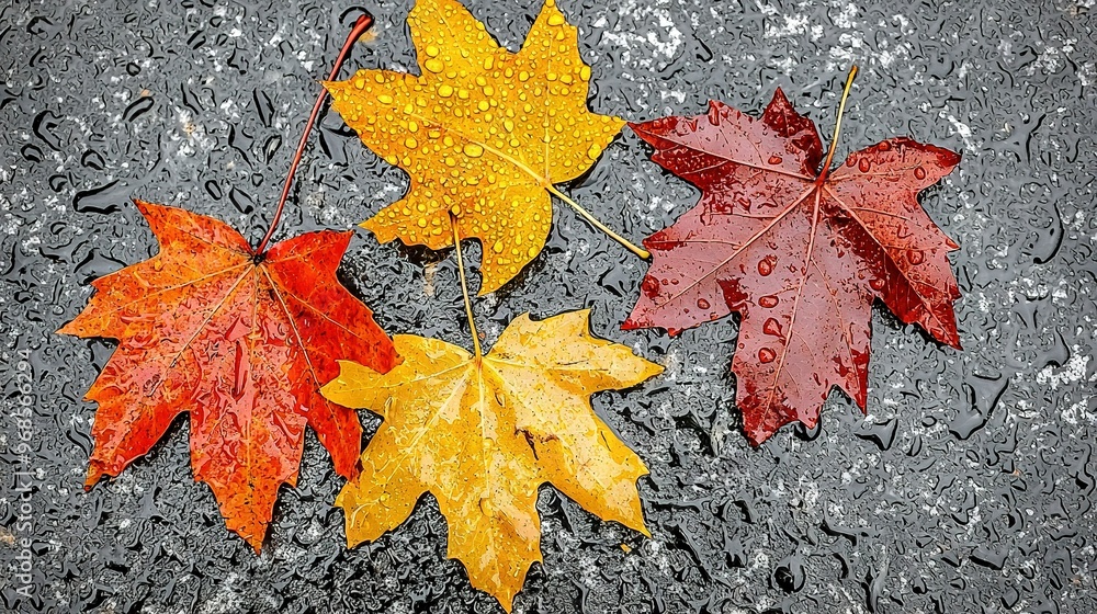 Four autumn leaves resting on damp ground with water droplets on each leaf Four autumn leaves resting on damp ground with water droplets on each leaf