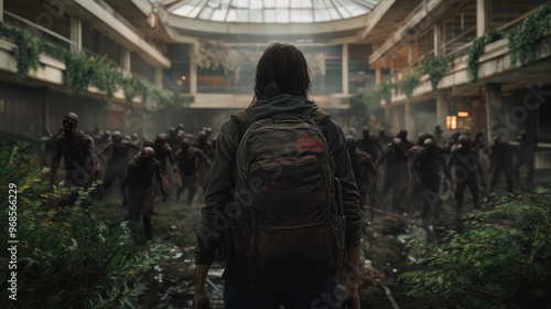 A man with a backpack stands in front of a crowd of zombies