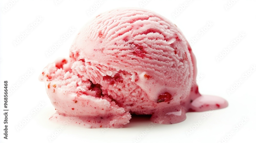 A single scoop of strawberry ice cream beginning to melt, isolated against a white background, showcasing its vibrant color and texture A single scoop of strawberry ice cream beginning to melt, isolated against a white background, showcasing its vibrant color and texture