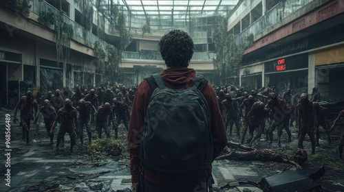 A man stands in a mall with a crowd of zombies around him