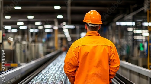 Glass bottles on conveyor belt in recycling plant, factory worker in safety gear, machinery and technology, earth tones, close-up on sorting process