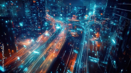 A smart city with vibrant digital connectivity lines, showcasing the interconnected infrastructure and technology of a modern metropolis