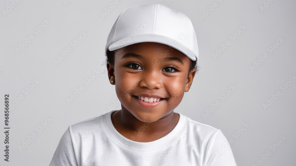 Little black girl with short hair wearing white t-shirt and white baseball cap isolated on grey background Little black girl with short hair wearing white t-shirt and white baseball cap isolated on grey background