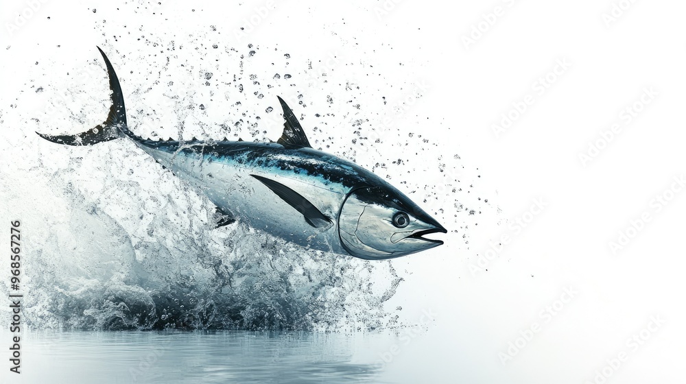 Obraz premium A tuna fish breaking the water's surface, its body arched in motion, set against a white background for a bold, isolated effect.