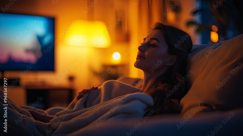 woman sits on a cozy couch at night, bundled in warm winter clothing woman sits on a cozy couch at night, bundled in warm winter clothing