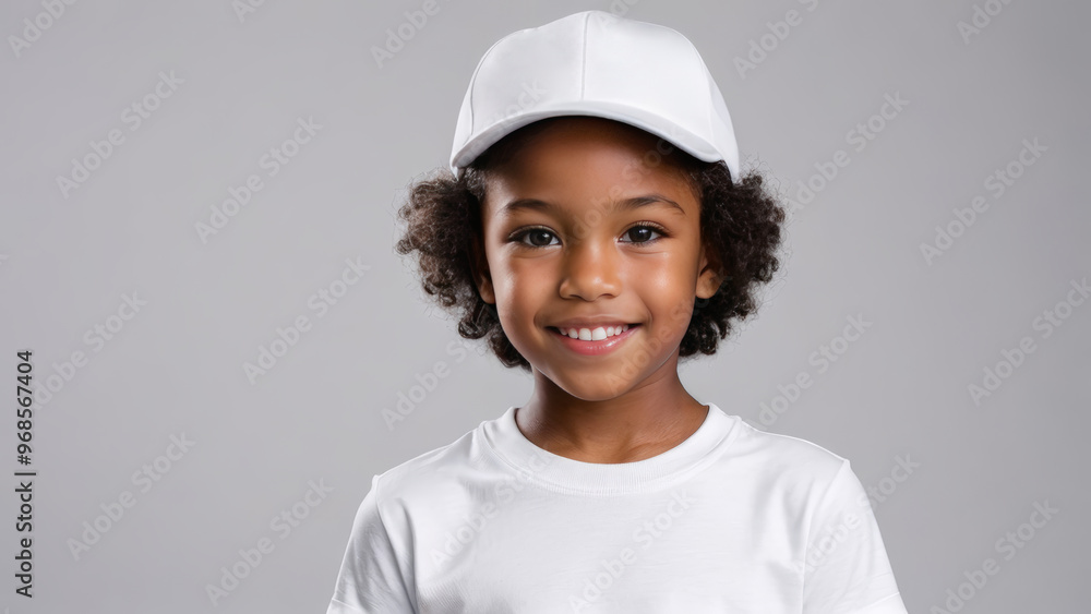 Little black girl with short hair wearing white t-shirt and white baseball cap isolated on grey background Little black girl with short hair wearing white t-shirt and white baseball cap isolated on grey background