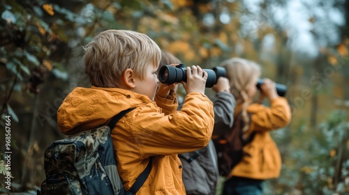 A group of children birdwatching in the forest, using binoculars to observe birds in their natural habitat, learning about wildlife