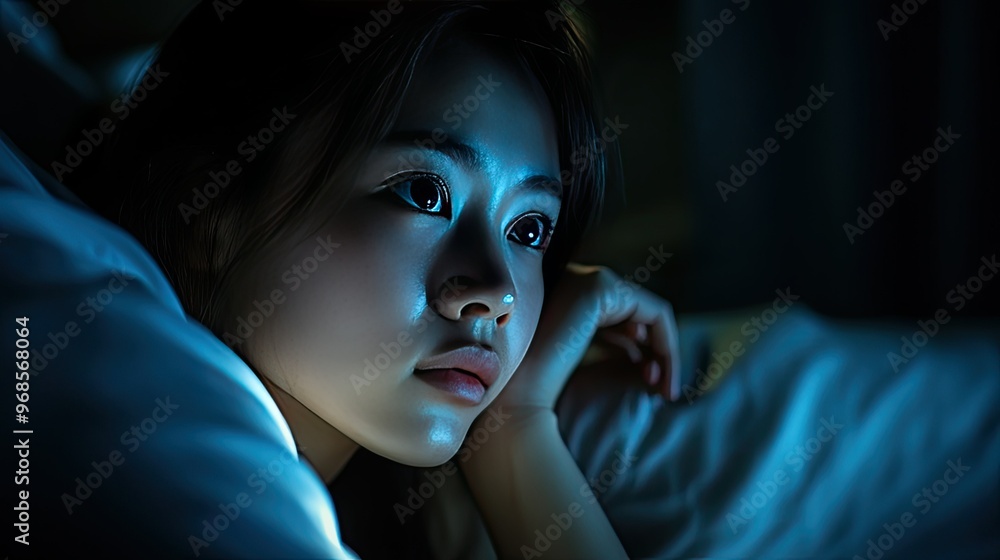 A young Asian woman battling insomnia in the middle of the night, her face illuminated by dim light, unable to sleep. A young Asian woman battling insomnia in the middle of the night, her face illuminated by dim light, unable to sleep.