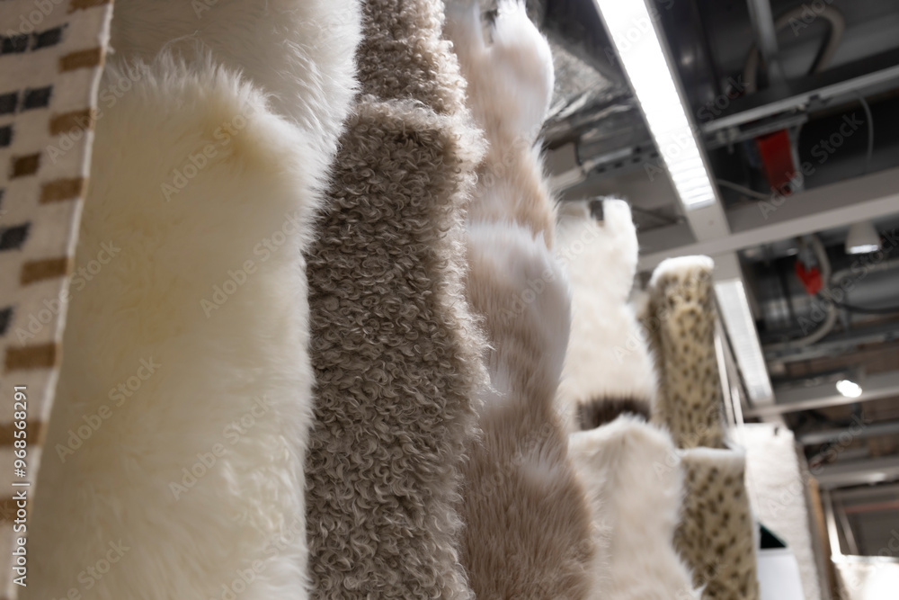 A row of fur rugs hang on a rack A row of fur rugs hang on a rack