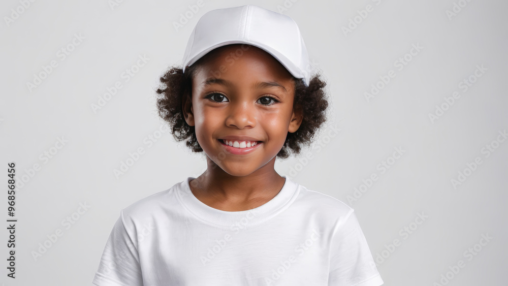 Little black girl with short hair wearing white t-shirt and white baseball cap isolated on grey background Little black girl with short hair wearing white t-shirt and white baseball cap isolated on grey background