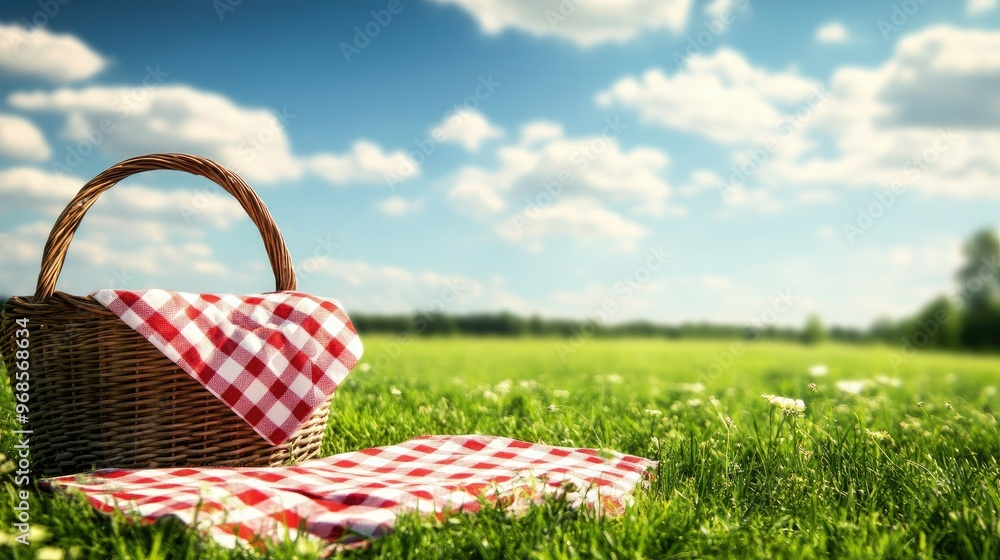 An empty picnic basket with a checkered tablecloth spread on lush green grass, set against a peaceful meadow landscape. An empty picnic basket with a checkered tablecloth spread on lush green grass, set against a peaceful meadow landscape.