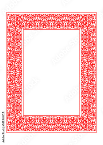 Red rectangular Vertical Islamic Asian Kazakh national ornament frame. A4 format. Kazakh pattern frame, border, decorative ornament of the Kazakh, Kyrgyz, Mongol, Tatar, Uzbek. For sandblaster, embroi photo