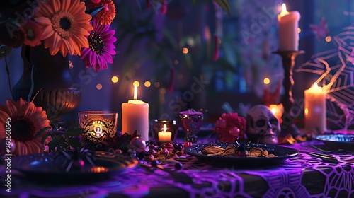 Set mood with side view shot of purple table decked out in day of the dead theme vivid fans flowers candles spooky spiders photo