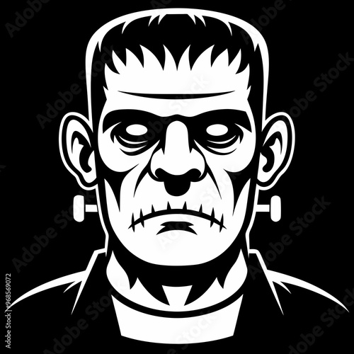 Frankenstein monster illustration, black and white, classic horror character design