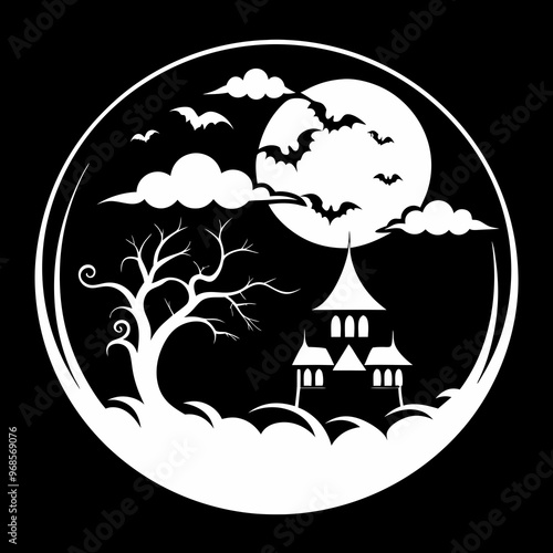 Haunted house with full moon and bats illustration, black and white, spooky Halloween scene