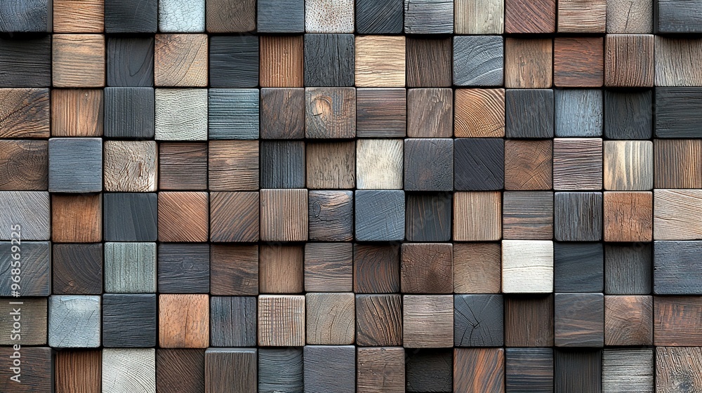 A close-up wood plank wall, with contrasting shades of brown and blue, in focus A close-up wood plank wall, with contrasting shades of brown and blue, in focus
