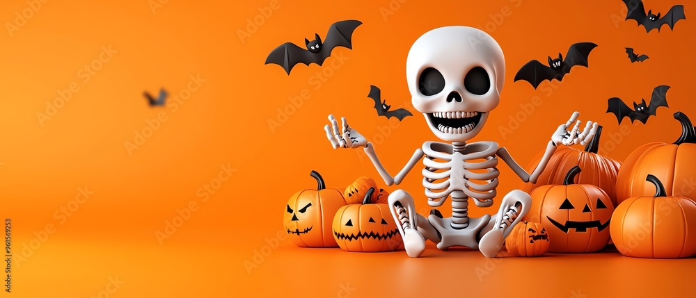 A cheerful skeleton surrounded by pumpkins and bats, perfect for Halloween celebrations and festive decorations. A cheerful skeleton surrounded by pumpkins and bats, perfect for Halloween celebrations and festive decorations.