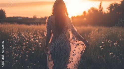 Fototapeta Naklejka Na Ścianę i Meble -  Woman in a boho maxi dress watching the sunset - Ethereal fashion moments
