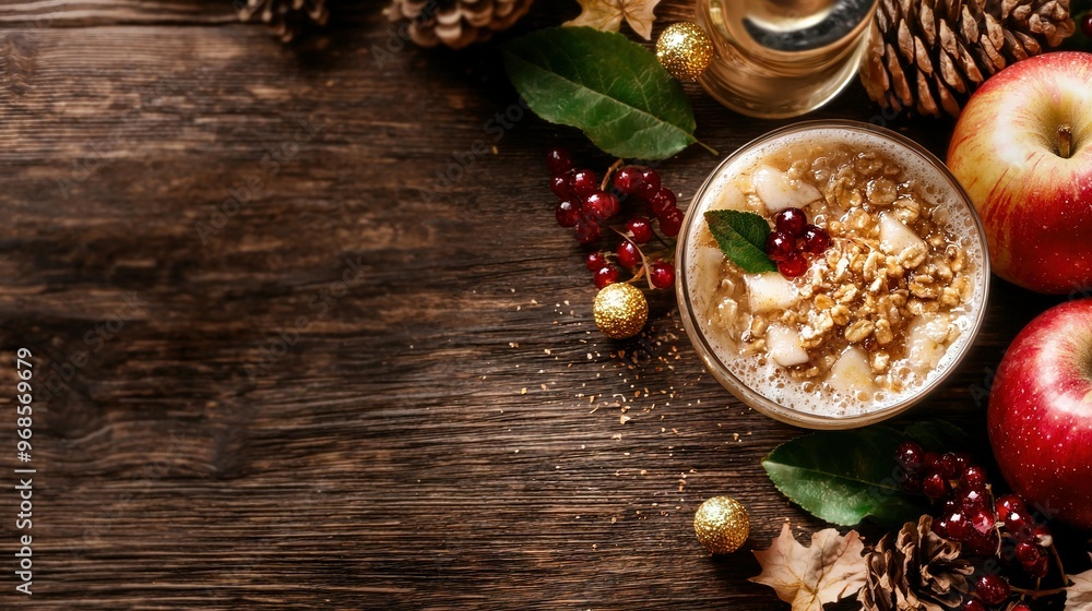 A wooden table with oats, cranberries & apples; surrounded by pine cones A wooden table with oats, cranberries & apples; surrounded by pine cones