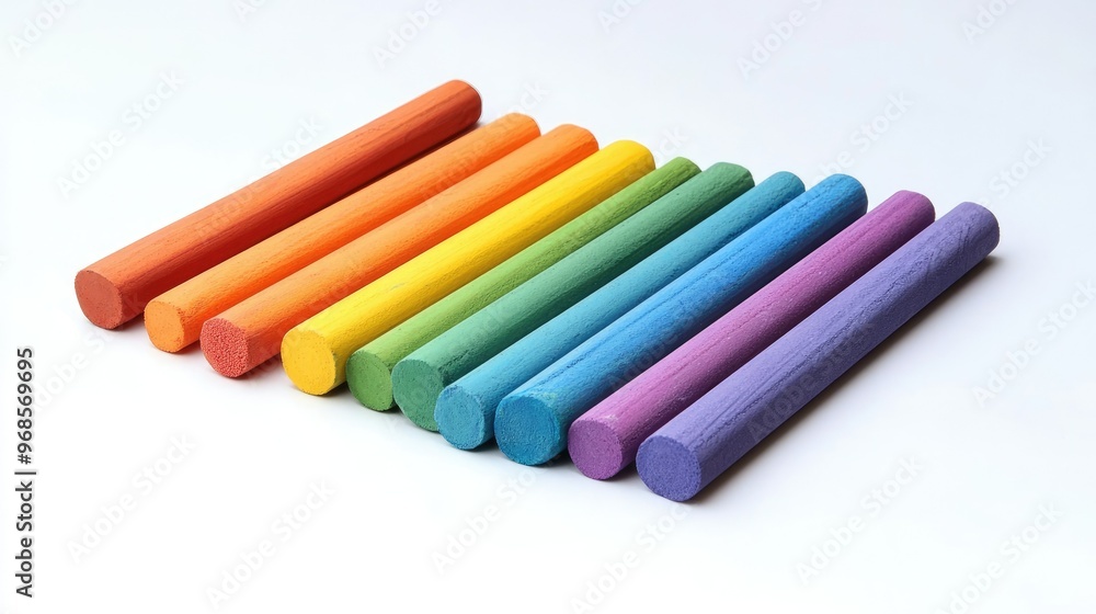 Brightly colored chalk sticks in a variety of hues, laid out on a clean white background, representing creativity and art Brightly colored chalk sticks in a variety of hues, laid out on a clean white background, representing creativity and art
