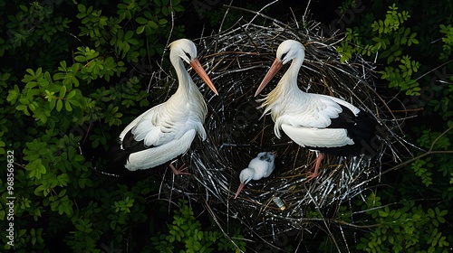 Shooting from above stork nest white storks in the kaluga region they bowed their necks they are standing nearby in the nest photo