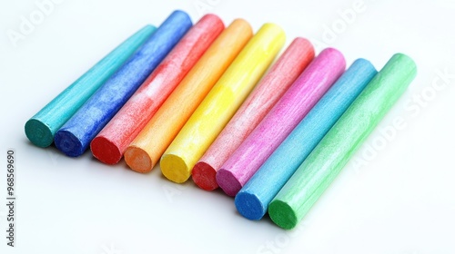 Brightly colored chalk sticks in a variety of hues, laid out on a clean white background, representing creativity and art