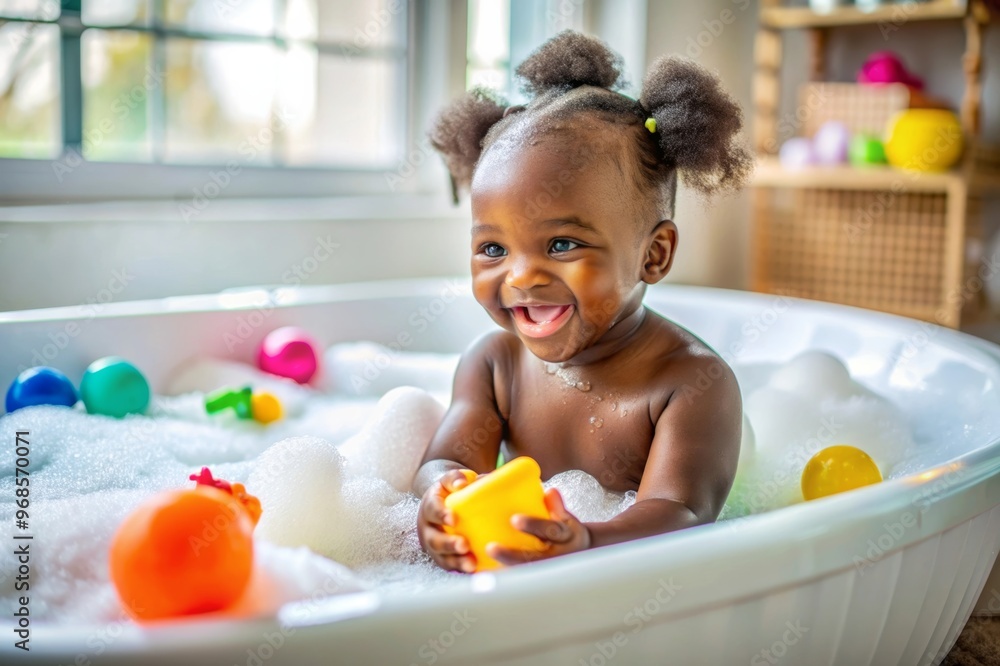African descent kid enjoying bath tub. Bathing without tears. cute emotional baby is engaged in hygiene procedures, smiling. disinfection, prevention against diseases and viruses African descent kid enjoying bath tub. Bathing without tears. cute emotional baby is engaged in hygiene procedures, smiling. disinfection, prevention against diseases and viruses
