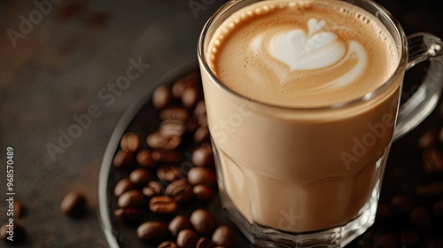 Close-up of a glass of latte with smooth, velvety foam and coffee beans artfully spread around, creating a cozy coffeehouse vibe