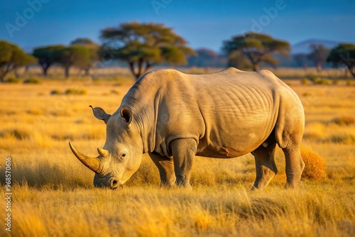 Southern African White Rhino Ceratotherium simum grazing in the Kalahari High Angle, arid, Southern Africa, rhino, wilderness, desert, Ceratotherium simum, white rhino, large animal photo