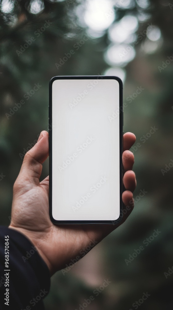 Hand holding smartphone with blank screen in outdoor setting Hand holding smartphone with blank screen in outdoor setting