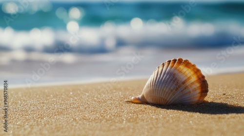 Close-up of a seashell on soft golden sand, with the gentle sea waves in the distance, evoking calm and beachside relaxation