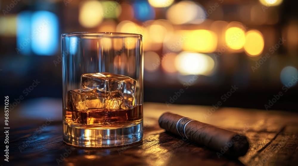 Close-up of a whiskey glass and cigar placed on a wooden table, with a moody, out-of-focus background. Close-up of a whiskey glass and cigar placed on a wooden table, with a moody, out-of-focus background.