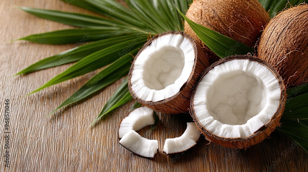 A couple of coconuts resting atop a wooden table beside a verdant plant A couple of coconuts resting atop a wooden table beside a verdant plant