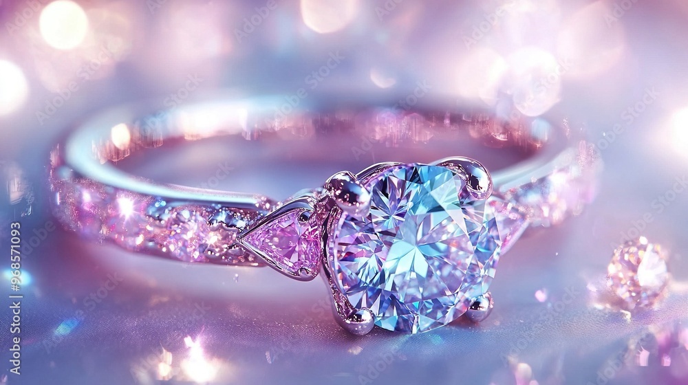 A close-up of a ring featuring a pink diamond in its center and two more pink and white diamonds, creating a mesmerizing and stunning design A close-up of a ring featuring a pink diamond in its center and two more pink and white diamonds, creating a mesmerizing and stunning design