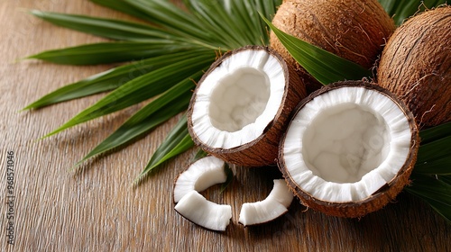  A couple of coconuts resting atop a wooden table beside a verdant plant