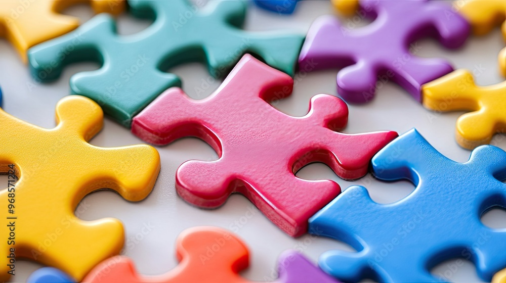 Close-up of colorful interlocking puzzle pieces in various shapes, spread across a white surface, symbolizing creativity and problem-solving Close-up of colorful interlocking puzzle pieces in various shapes, spread across a white surface, symbolizing creativity and problem-solving