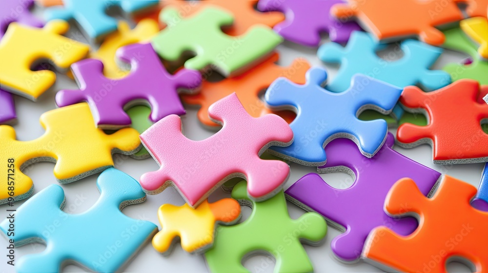 Close-up of colorful interlocking puzzle pieces in various shapes, spread across a white surface, symbolizing creativity and problem-solving Close-up of colorful interlocking puzzle pieces in various shapes, spread across a white surface, symbolizing creativity and problem-solving