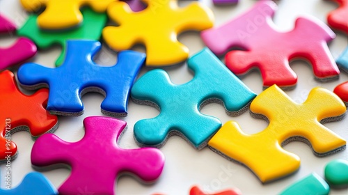 Close-up of colorful interlocking puzzle pieces in various shapes, spread across a white surface, symbolizing creativity and problem-solving