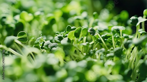 Close-up of fresh green broccoli sprouts on a clean surface, representing a vegetarian, healthy eating concept.