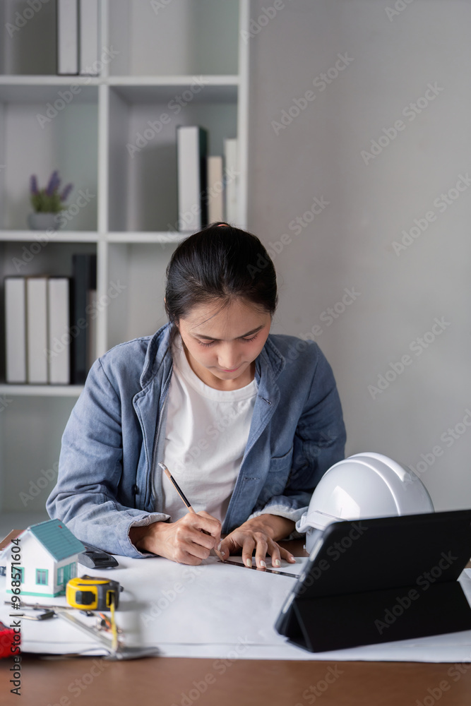 Young engineer drafting architectural plans in office Young engineer drafting architectural plans in office