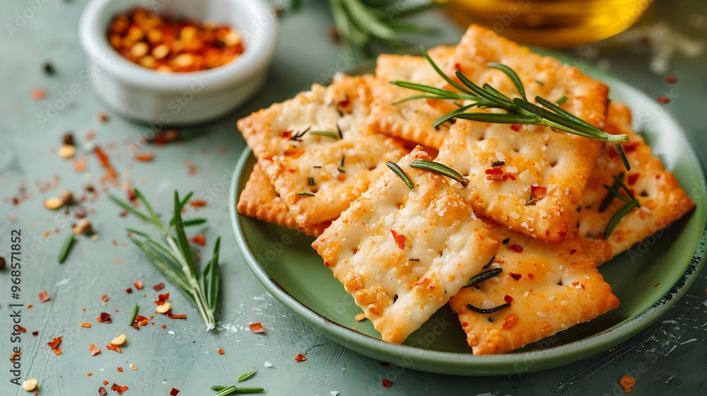 Spicy bruschetta crackers with rosemary on a green kitchen table Spicy bruschetta crackers with rosemary on a green kitchen table