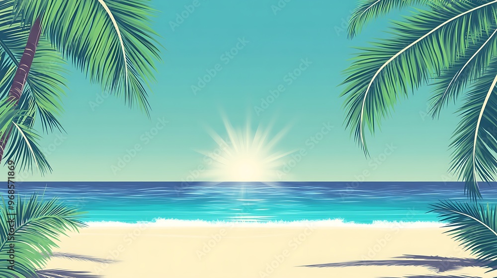 Obraz premium Tropical Beach Scene with Palm Trees and Sunlit Ocean